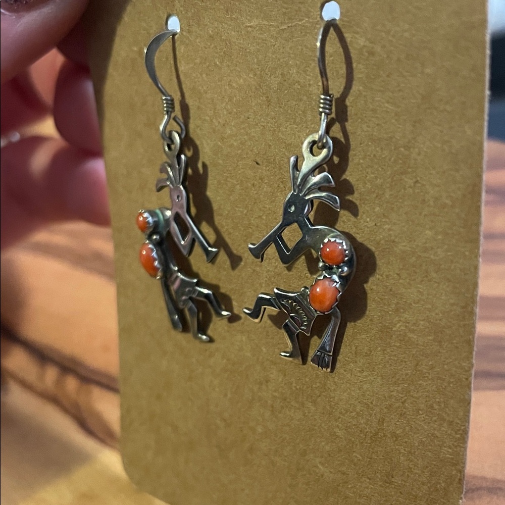 Sterling Silver and Coral Kokopelli Earrings - Picture 2 of 7
